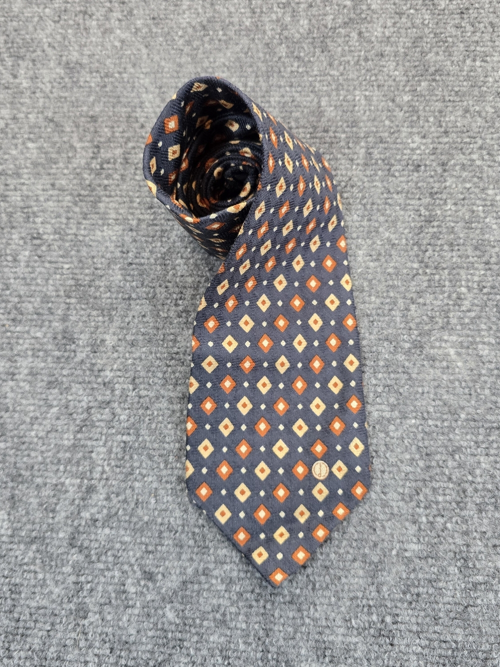 Dunhill Silk Tie Mens Navy Orange Geometric Diamond Pattern Necktie 3.75"